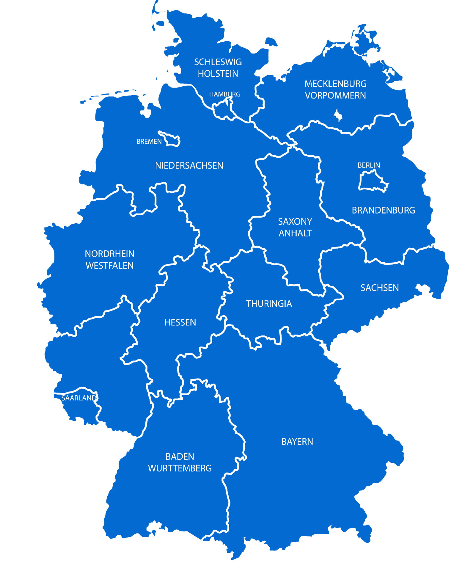 Mapa Spolkové republiky Německo rozdělená na spolkové země
